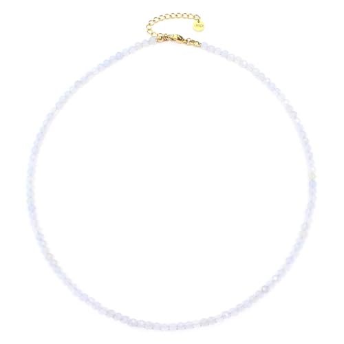 Blauer Spitzenachat Edelsteinkette mit facettierten 4mm Perlen - echte Natursteine - Länge verstellbar - Heilstein Schutzstein Edelstein Collier Glücksbringer Talisman Geschenk (Bl. Spitzena., 45, G) von LAKADA