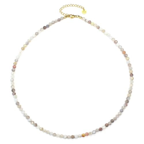 Botswana Achat Edelsteinkette mit facettierten 4mm Perlen - echte Natursteine - Länge verstellbar - Heilstein Schutzstein Edelstein Collier Glücksbringer Talisman Geschenk (Botswana A., 45, G) von LAKADA