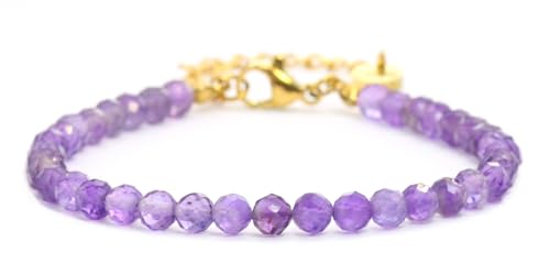 Echtes Amethyst Edelstein Armband mit facettierten 4mm Perlen - Länge verstellbar - Heilstein Schutzstein Edelsteinarmband Glücksbringer Talisman Geschenk (Amethyst, 16-21CM G) von LAKADA