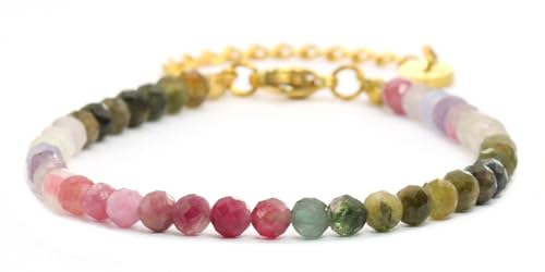 Echtes Gemischter Turmalin Edelstein Armband mit facettierten 4mm Perlen - Länge verstellbar - Heilstein Schutzstein Edelsteinarmband Glücksbringer Talisman Geschenk (Gem. Turm., 16-21CM G) von LAKADA