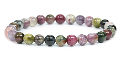 Echtes Gemischter Turmalin Edelstein Armband mit runden 6mm Perlen - verschiedene Längen - Heilstein Schutzstein Edelsteinarmband Glücksbringer Talisman Geschenk (Gem. Turm.,18CM) von LAKADA