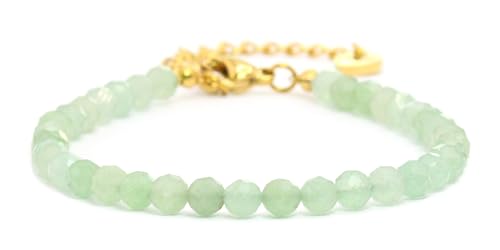 Echtes Grüner Aventurin Edelstein Armband mit facettierten 4mm Perlen - Länge verstellbar - Heilstein Schutzstein Edelsteinarmband Glücksbringer Talisman Geschenk (Gr. Avent., 16-21CM G) von LAKADA