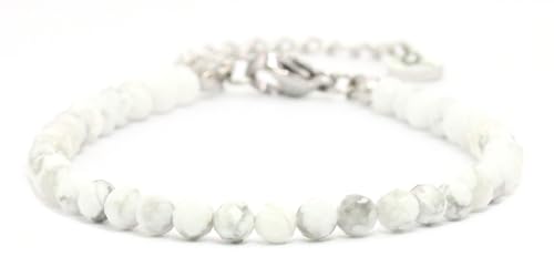 Echtes Howlith Edelstein Armband mit facettierten 4mm Perlen - Länge verstellbar - Heilstein Schutzstein Edelsteinarmband Glücksbringer Talisman Geschenk (Howlith, 16-21CM S) von LAKADA