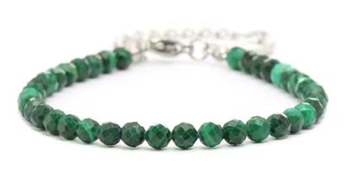 Echtes Malachit Edelstein Armband mit facettierten 4mm Perlen - Länge verstellbar - Heilstein Schutzstein Edelsteinarmband Glücksbringer Talisman Geschenk (Malachit, 16-21CM S) von LAKADA