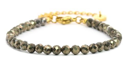 Echtes Pyrit Edelstein Armband mit facettierten 4mm Perlen - Länge verstellbar - Heilstein Schutzstein Edelsteinarmband Glücksbringer Talisman Geschenk (Pyrit, 16-21CM G) von LAKADA