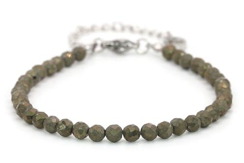 Echtes Pyrit Edelstein Armband mit facettierten 4mm Perlen - Länge verstellbar - Heilstein Schutzstein Edelsteinarmband Glücksbringer Talisman Geschenk (Pyrit, 16-21CM S) von LAKADA