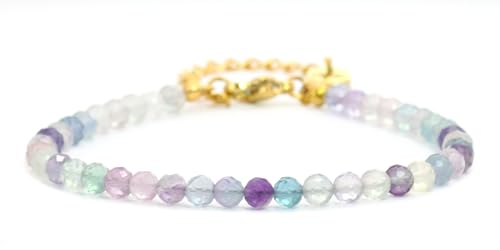 Echtes Regenbogenfluorit Edelstein Armband mit facettierten 4mm Perlen - Länge verstellbar - Heilstein Schutzstein Edelsteinarmband Glücksbringer Talisman Geschenk (Fluorit, 16-21CM G) von LAKADA