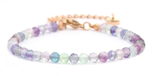 Echtes Regenbogenfluorit Edelstein Armband mit facettierten 4mm Perlen - Länge verstellbar - Heilstein Schutzstein Edelsteinarmband Glücksbringer Talisman Geschenk (Fluorit, 16-21CM R) von LAKADA