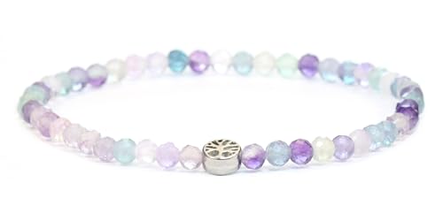 Echtes Regenbogenfluorit Edelstein Armband mit facettierten 4mm Perlen und Edelstahllebensbaum Heilstein Schutzstein Edelsteinarmband Glücksbringer Talisman Geschenk (Regenbogenfluorit, 21CM, S) von LAKADA