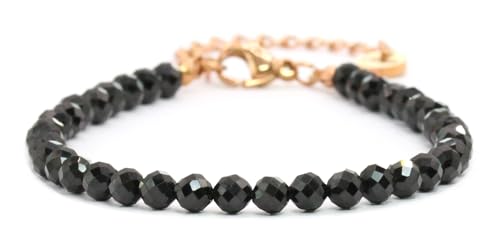 Echtes Schwarzer Turmalin Edelstein Armband mit facettierten 4mm Perlen - Länge verstellbar - Heilstein Schutzstein Edelsteinarmband Glücksbringer Talisman Geschenk (Schw. Turm., 16-21CM R) von LAKADA