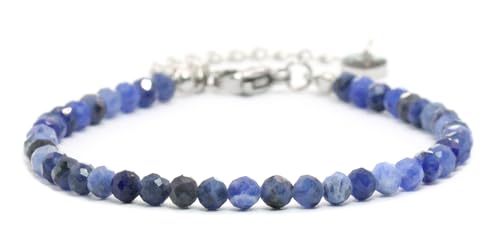 Echtes Sodalith Edelstein Armband mit facettierten 4mm Perlen - Länge verstellbar - Heilstein Schutzstein Edelsteinarmband Glücksbringer Talisman Geschenk (Sodalith, 16-21CM S) von LAKADA