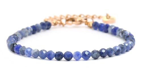 Echtes Sodalith Edelstein Armband mit facettierten 4mm Perlen - Länge verstellbar - Heilstein Schutzstein Edelsteinarmband Glücksbringer Talisman Geschenk (Sodalith, 16-21CM R) von LAKADA