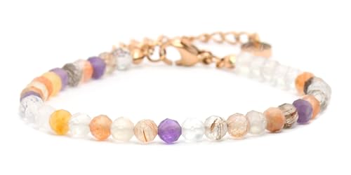 Echtes Super Seven Amethyst Edelstein Armband mit facettierten 4mm Perlen - Länge verstellbar - Heilstein Schutzstein Edelsteinarmband Glücksbringer Talisman Geschenk (S. S. Ameth., 16-21CM R) von LAKADA