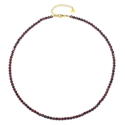 Granat Edelsteinkette mit facettierten 4mm Perlen - echte Natursteine - Länge verstellbar - Heilstein Schutzstein Edelstein Collier Glücksbringer Talisman Geschenk (Granat, 50, G) von LAKADA