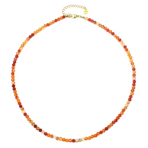 Karneol Edelsteinkette mit facettierten 4mm Perlen - echte Natursteine - Länge verstellbar - Heilstein Schutzstein Edelstein Collier Glücksbringer Talisman Geschenk (Karneol, 50, G) von LAKADA