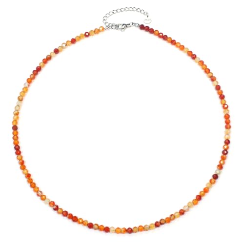 Karneol Edelsteinkette mit facettierten 4mm Perlen - echte Natursteine - Länge verstellbar - Heilstein Schutzstein Edelstein Collier Glücksbringer Talisman Geschenk (Karneol, 50, S) von LAKADA