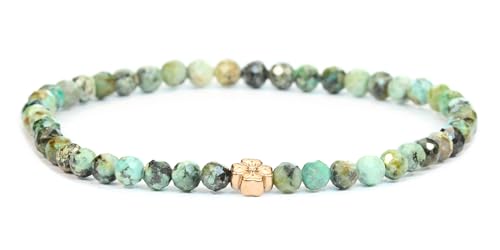 LAKADA Echtes Afrikanischer Türkis Edelstein Armband mit facettierten 4mm Perlen und Edelstahlblüte Heilstein Schutzstein Edelsteinarmband Glücksbringer Talisman Geschenk (Afr. Türkis, 21CM, R) von LAKADA