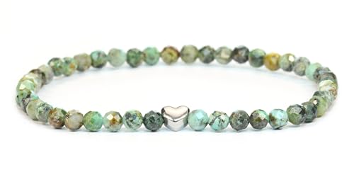 LAKADA Echtes Afrikanischer Türkis Edelstein Armband mit facettierten 4mm Perlen und Edelstahlherz Heilstein Schutzstein Edelsteinarmband Glücksbringer Talisman Geschenk (Afr. Türkis, 21CM, S) von LAKADA