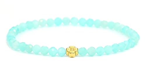 LAKADA Echtes Amazonit Edelstein Armband mit facettierten 4mm Perlen und Edelstahlblüte Heilstein Schutzstein Edelsteinarmband Glücksbringer Talisman Geschenk (Amazonit, 15CM, G) von LAKADA