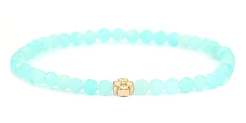 LAKADA Echtes Amazonit Edelstein Armband mit facettierten 4mm Perlen und Edelstahlblüte Heilstein Schutzstein Edelsteinarmband Glücksbringer Talisman Geschenk (Amazonit, 21CM, R) von LAKADA