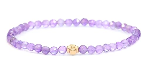 LAKADA Echtes Amethyst Edelstein Armband mit facettierten 4mm Perlen und Edelstahlblüte Heilstein Schutzstein Edelsteinarmband Glücksbringer Talisman Geschenk (Amethyst, 15CM, R) von LAKADA