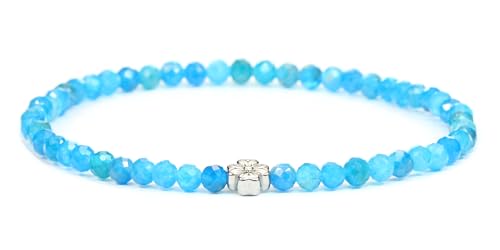 LAKADA Echtes Apatit Edelstein Armband mit facettierten 4mm Perlen und Edelstahlblüte Heilstein Schutzstein Edelsteinarmband Glücksbringer Talisman Geschenk (Apatit, 15CM, S) von LAKADA