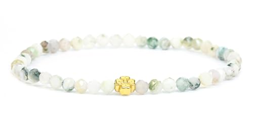 LAKADA Echtes Baumachat Edelstein Armband mit facettierten 4mm Perlen und Edelstahlblüte Heilstein Schutzstein Edelsteinarmband Glücksbringer Talisman Geschenk (Baumachat, 18CM, G) von LAKADA