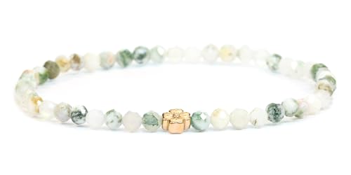 LAKADA Echtes Baumachat Edelstein Armband mit facettierten 4mm Perlen und Edelstahlblüte Heilstein Schutzstein Edelsteinarmband Glücksbringer Talisman Geschenk (Baumachat, 21CM, R) von LAKADA