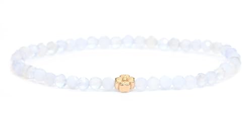 LAKADA Echtes Blauer Spitzenachat Edelstein Armband mit facettierten 4mm Perlen und Edelstahlblüte Heilstein Schutzstein Edelsteinarmband Glücksbringer Talisman Geschenk (Bl. Spitzena., 15CM, R) von LAKADA