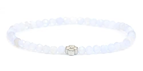 LAKADA Echtes Blauer Spitzenachat Edelstein Armband mit facettierten 4mm Perlen und Edelstahlblüte Heilstein Schutzstein Edelsteinarmband Glücksbringer Talisman Geschenk (Bl. Spitzena., 18CM, S) von LAKADA