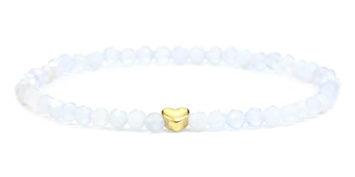 LAKADA Echtes Blauer Spitzenachat Edelstein Armband mit facettierten 4mm Perlen und Edelstahlherz Heilstein Schutzstein Edelsteinarmband Glücksbringer Talisman Geschenk (Bl. Spitzena., 18CM) von LAKADA