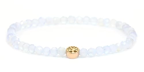 LAKADA Echtes Blauer Spitzenachat Edelstein Armband mit facettierten 4mm Perlen und Edelstahllebensbaum Heilstein Schutzstein Edelsteinarmband Glücksbringer Talisman Geschenk (Bl. Spitzena., 15CM, R) von LAKADA