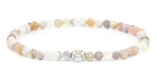 LAKADA Echtes Botswana Achat Edelstein Armband mit facettierten 4mm Perlen und Edelstahlblüte Heilstein Schutzstein Edelsteinarmband Glücksbringer Talisman Geschenk (Botswana A., 18CM, S) von LAKADA
