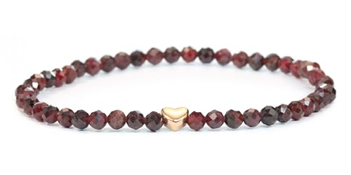 LAKADA Echtes Granat Edelstein Armband mit facettierten 4mm Perlen und Edelstahlherz Heilstein Schutzstein Edelsteinarmband Glücksbringer Talisman Geschenk (Granat, 15CM, R) von LAKADA