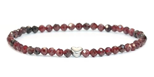 LAKADA Echtes Granat Edelstein Armband mit facettierten 4mm Perlen und Edelstahlherz Heilstein Schutzstein Edelsteinarmband Glücksbringer Talisman Geschenk (Granat, 21CM, S) von LAKADA