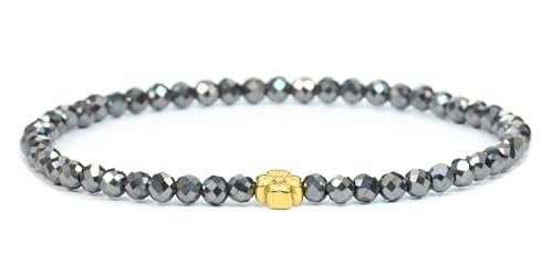 LAKADA Echtes Hämatit Edelstein Armband mit facettierten 4mm Perlen und Edelstahlblüte Heilstein Schutzstein Edelsteinarmband Glücksbringer Talisman Geschenk (Hämatit, 15CM, G) von LAKADA
