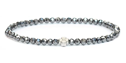LAKADA Echtes Hämatit Edelstein Armband mit facettierten 4mm Perlen und Edelstahlblüte Heilstein Schutzstein Edelsteinarmband Glücksbringer Talisman Geschenk (Hämatit, 15CM, S) von LAKADA