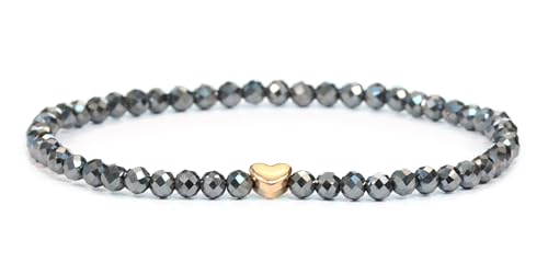 LAKADA Echtes Hämatit Edelstein Armband mit facettierten 4mm Perlen und Edelstahlherz Heilstein Schutzstein Edelsteinarmband Glücksbringer Talisman Geschenk (Hämatit, 18CM, R) von LAKADA