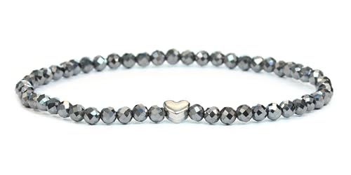 LAKADA Echtes Hämatit Edelstein Armband mit facettierten 4mm Perlen und Edelstahlherz Heilstein Schutzstein Edelsteinarmband Glücksbringer Talisman Geschenk (Hämatit, 18CM, S) von LAKADA