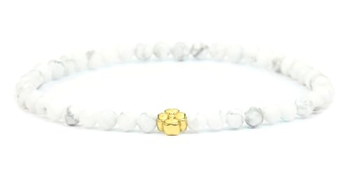 LAKADA Echtes Howlith Edelstein Armband mit facettierten 4mm Perlen und Edelstahlblüte Heilstein Schutzstein Edelsteinarmband Glücksbringer Talisman Geschenk (Howlith, 18CM, G) von LAKADA