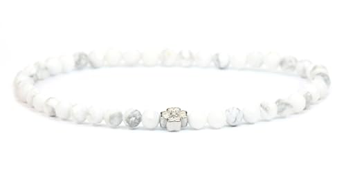 LAKADA Echtes Howlith Edelstein Armband mit facettierten 4mm Perlen und Edelstahlblüte Heilstein Schutzstein Edelsteinarmband Glücksbringer Talisman Geschenk (Howlith, 18CM, S) von LAKADA