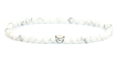LAKADA Echtes Howlith Edelstein Armband mit facettierten 4mm Perlen und Edelstahlherz Heilstein Schutzstein Edelsteinarmband Glücksbringer Talisman Geschenk (Howlith, 15CM, S) von LAKADA