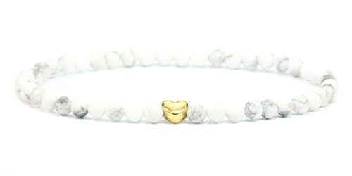 LAKADA Echtes Howlith Edelstein Armband mit facettierten 4mm Perlen und Edelstahlherz Heilstein Schutzstein Edelsteinarmband Glücksbringer Talisman Geschenk (Howlith, 21CM) von LAKADA