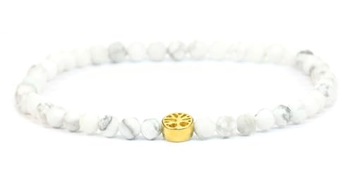 LAKADA Echtes Howlith Edelstein Armband mit facettierten 4mm Perlen und Edelstahllebensbaum Heilstein Schutzstein Edelsteinarmband Glücksbringer Talisman Geschenk (Howlith, 18CM, G) von LAKADA