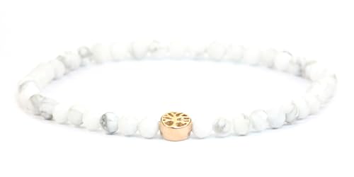 LAKADA Echtes Howlith Edelstein Armband mit facettierten 4mm Perlen und Edelstahllebensbaum Heilstein Schutzstein Edelsteinarmband Glücksbringer Talisman Geschenk (Howlith, 21CM, R) von LAKADA