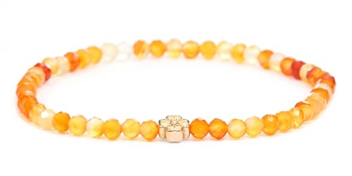 LAKADA Echtes Karneol Edelstein Armband mit facettierten 4mm Perlen und Edelstahlblüte Heilstein Schutzstein Edelsteinarmband Glücksbringer Talisman Geschenk (Karneol, 18CM, R) von LAKADA
