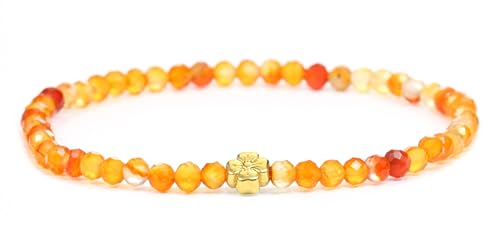 LAKADA Echtes Karneol Edelstein Armband mit facettierten 4mm Perlen und Edelstahlblüte Heilstein Schutzstein Edelsteinarmband Glücksbringer Talisman Geschenk (Karneol, 21CM, G) von LAKADA