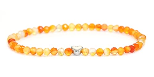 LAKADA Echtes Karneol Edelstein Armband mit facettierten 4mm Perlen und Edelstahlherz Heilstein Schutzstein Edelsteinarmband Glücksbringer Talisman Geschenk (Karneol, 21CM, S) von LAKADA