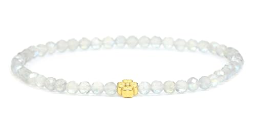 LAKADA Echtes Labradorit Edelstein Armband mit facettierten 4mm Perlen und Edelstahlblüte Heilstein Schutzstein Edelsteinarmband Glücksbringer Talisman Geschenk (Labradorit, 21CM, G) von LAKADA