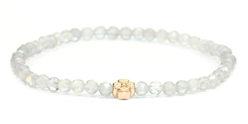 LAKADA Echtes Labradorit Edelstein Armband mit facettierten 4mm Perlen und Edelstahlblüte Heilstein Schutzstein Edelsteinarmband Glücksbringer Talisman Geschenk (Labradorit, 21CM, R) von LAKADA